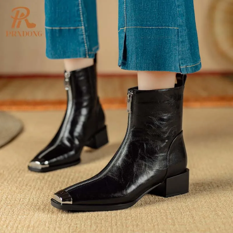 PRXDONG Genuine Leather Shoes 2024 New Fashion Autumn WInter Warm ANkle Boots Black Brown Zipper Dress Party Office Lady SHoes