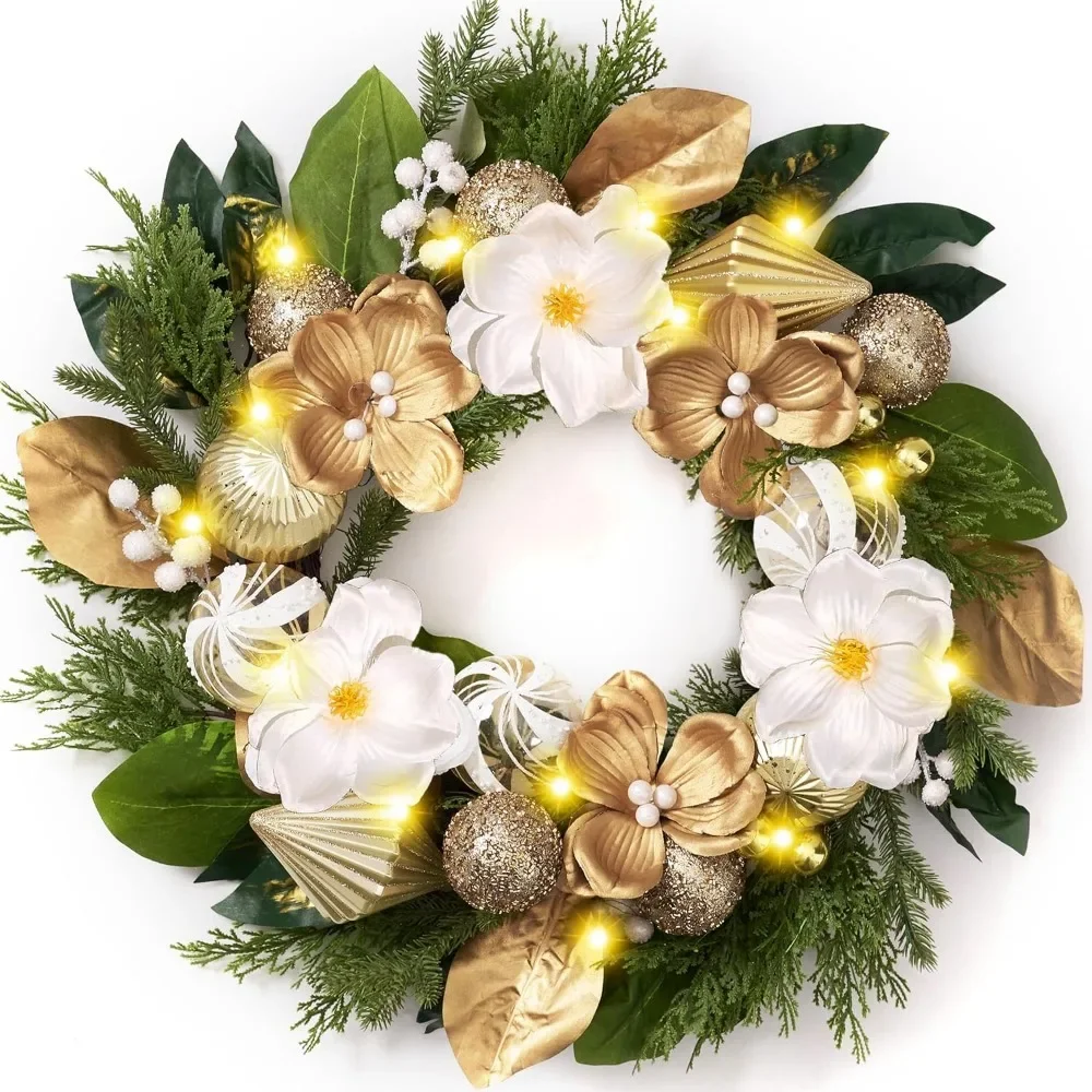 

24 Inch Christmas Wreaths for Front Door with Lights - Artificial Indoor Outdoor Decoration