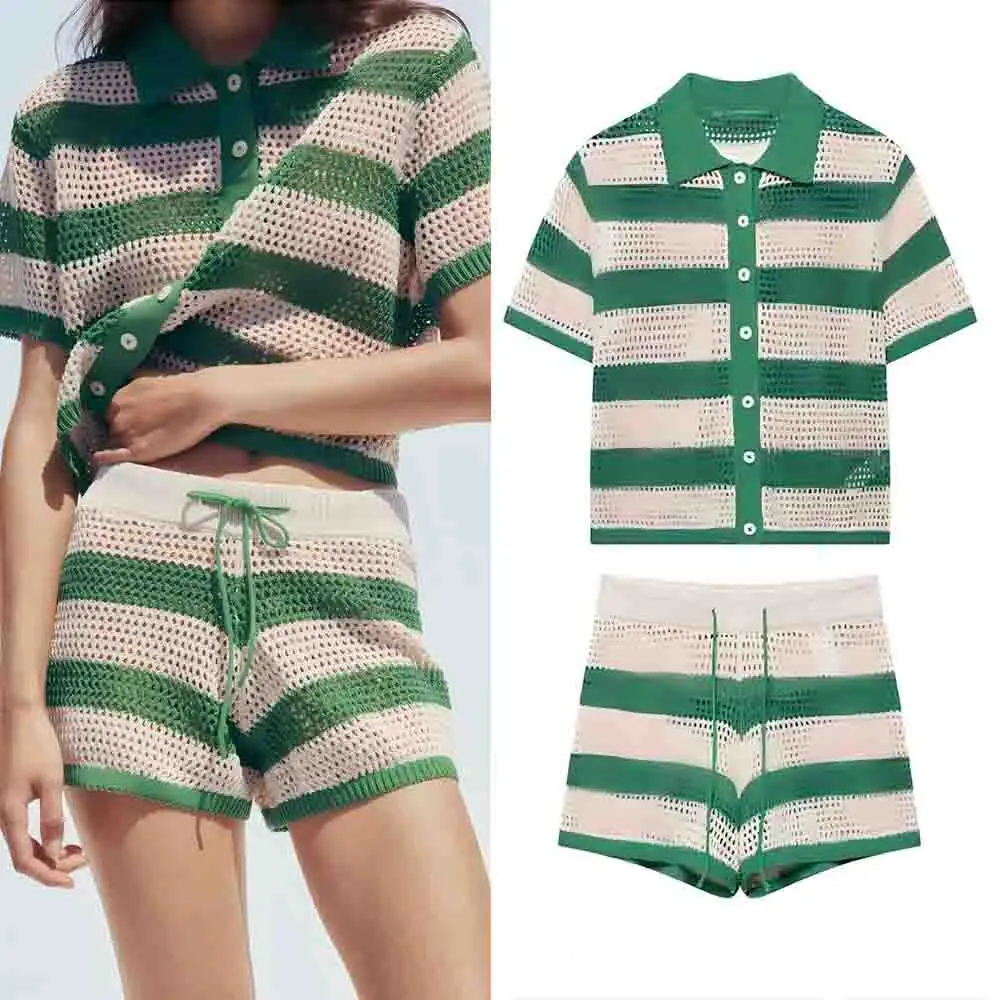 

Women's new fashion hollow printed striped polo shirt knitted Coat short sleeved button up women's cardigan chic top+shorts suit