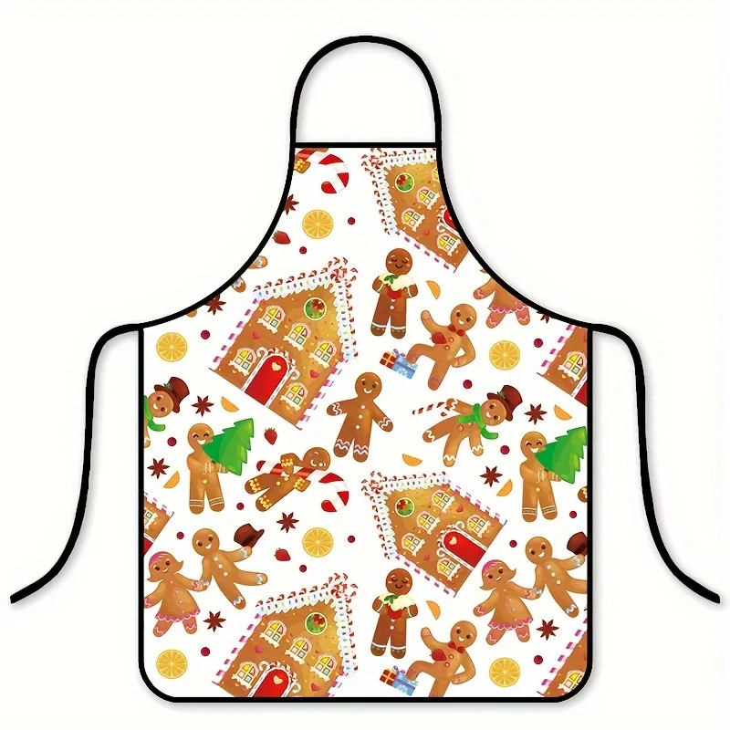 1pc Christmas Gingerbread Print Apron with Adjustable Ties - Sleeveless Durable Polyester Baking Apron for Women Men