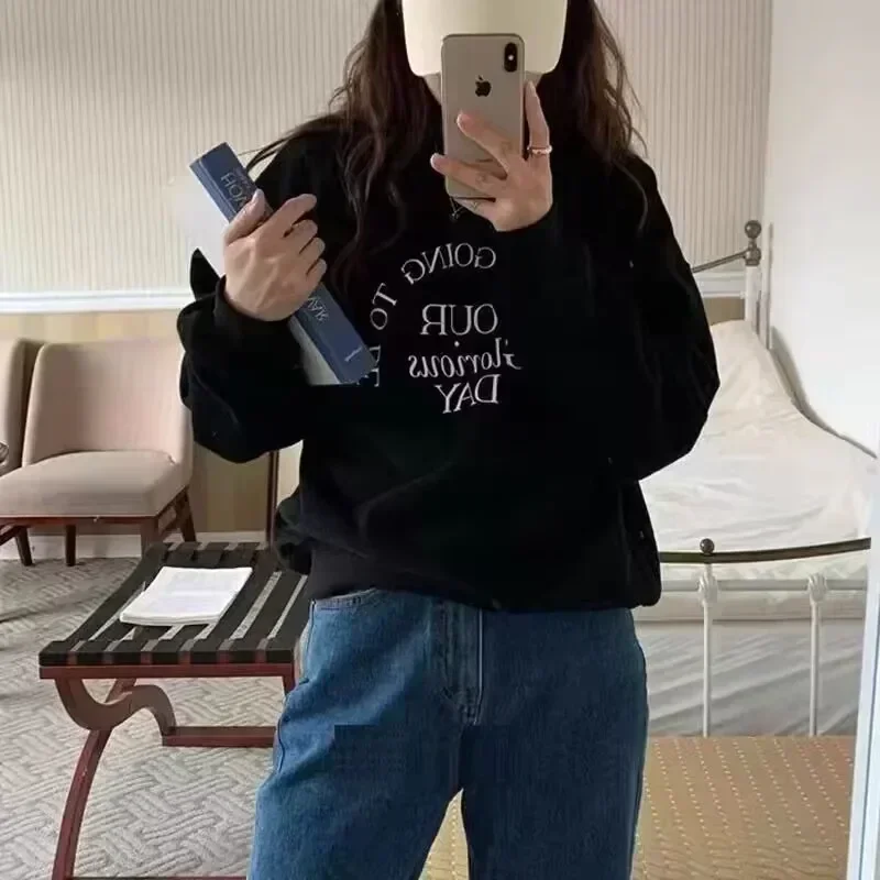 韓国シックなパーカー女性カジュアル特大トップス O ネック長袖ストリートレター印刷 Y2k スウェット 2025 Ropa Mujer