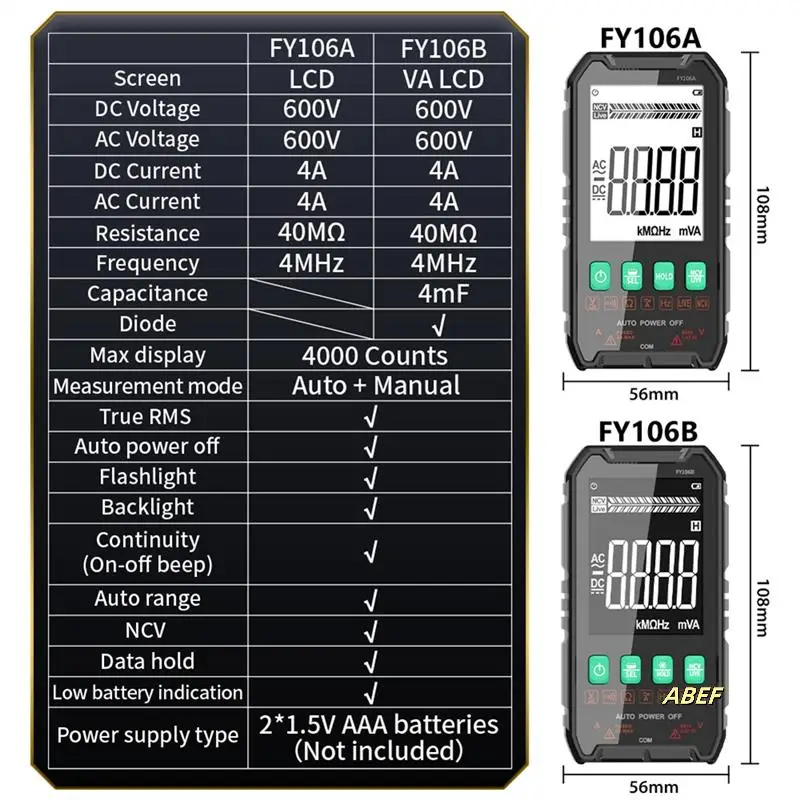 

Professional Digital Multimeter 600V/4A AC/DC Voltage Current True RMS Auto-Range Volt/Amp/Ohm/Capacitance Tester Tool FY106A