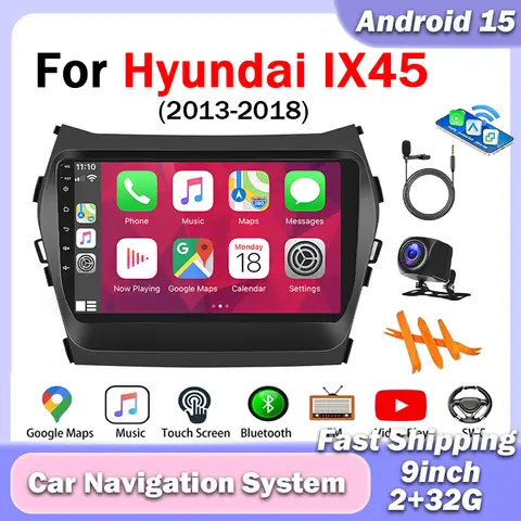 Android 15 Car Stereo Multimedia Video Player GPS Navigation 2DIN 7in 2+32G For Hyundai Santa Fe 2013-2018 Car Intelligent System with Carplay Android Auto Split Screen Bluetooth AHD Camera and Microphone
