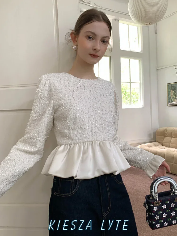 

Kiesza lyte Office lady blouses Fashion Party 2024 Autumn French Sequin Pearl design high quality tops shirts for women camisas