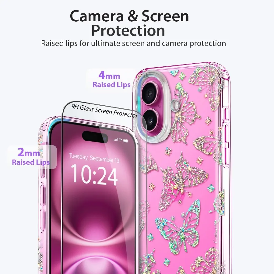 아이폰 16용 투명 글리터 보호 케이스 (스크린 보호필름 포함) 군사 등급 10피트 낙하 방지 디자인 반짝이 크리스탈