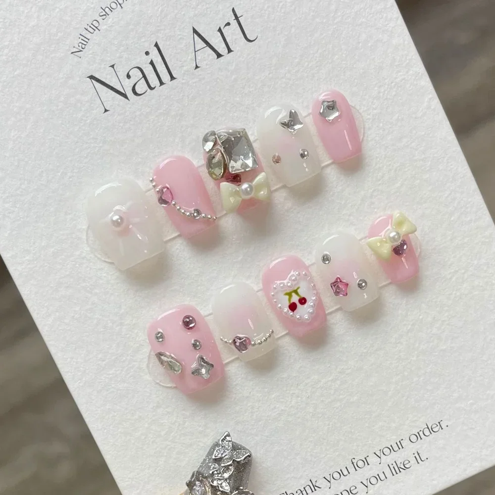 

Handmade Cute Nails Set Press on Short with Pearls Kawaii Cherry Fairy Korean Reusable Adhesive False Nails Acrylic Nail Tips