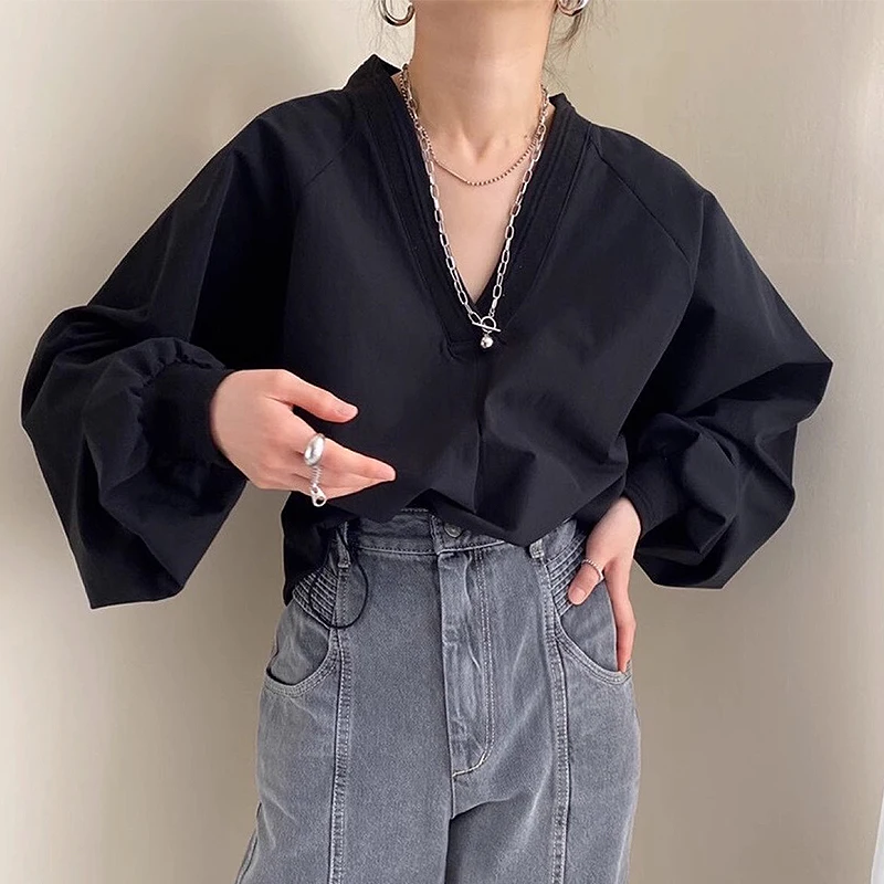 Nomikuma Korea Chic Autumn Shirts Fashion V-neck Causal Lantern Sleeve Blouse Women 2023 New Solid Pullover Blusas De Mujer