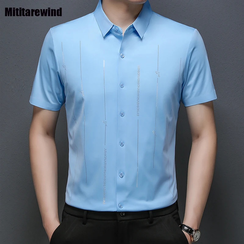 

2024 Summer New Men's Shirts Business Causal Shirts Lapel Seamless Short Sleeve Printed Shirts Fashion Middle-aged Men Clothing