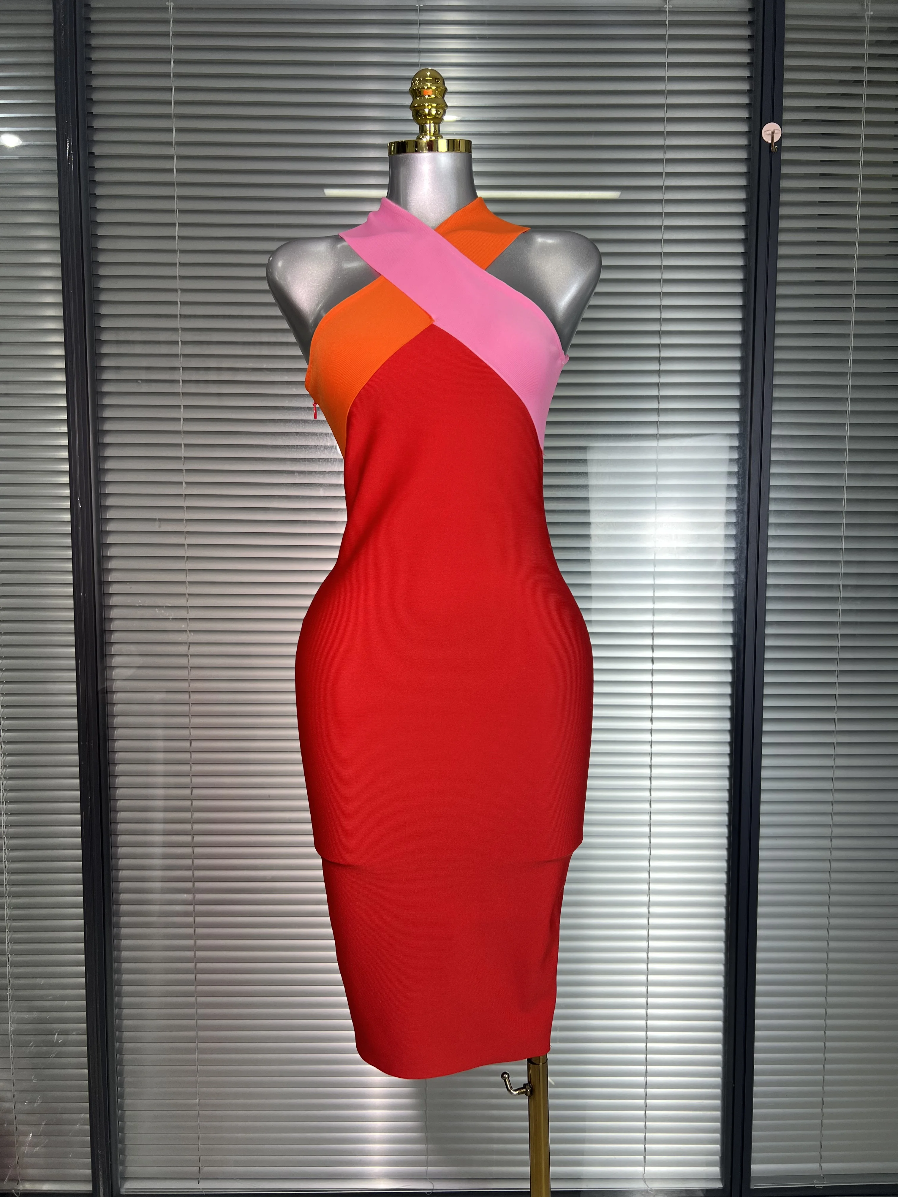 

Summer New 2025 Sexy Women Red Bandage Dress Celebrity Knitted Designer Patchwork Midi Party Dress