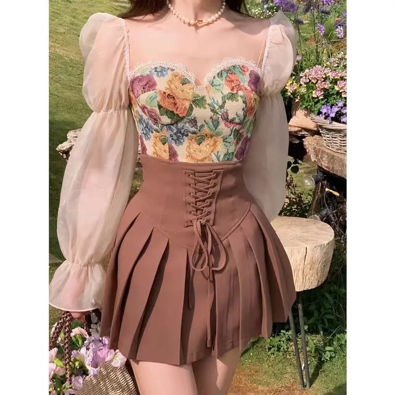 

Oil Painting New Dress Set Women Design Sense Flower Sweet Lace Puff Sleeve Square Collar + Drawstring Pleated Skirt Summer