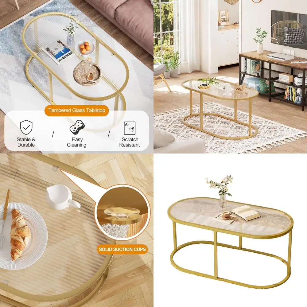 

Modern Oval Glass Coffee Table with Ribbed Top and Metal Frame for Living Room and Home Office