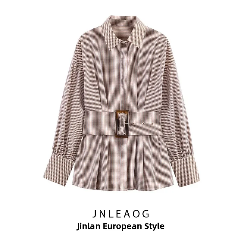 

JNLEAOG Autumn New Women's Faion Casual Loose Plaid irt Turn-down Collar Versatile Polyester Long Sve Regular Fit