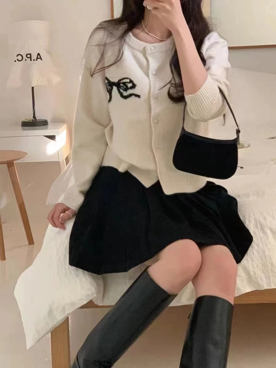 Korea Chic Autumn Bow Embroidery Knitted Cardigans 2024 Winter New Fashion Single Breasted O-neck Sweater Knitwear Coat