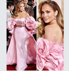 Jennifer Lopez Same style Formal Evening Dresses with 3D Flowers Off Shoulder Sweep Train Haute Couture Pink Satin Prom Gown