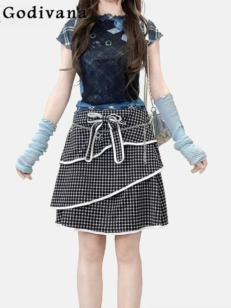 

Милые крутые трапециевидные юбки с высокой талией Y2k и бантом, черно-белые клетчатые юбки, весенне-осенняя модная возрастная универсальная юбка-тортик для девочек