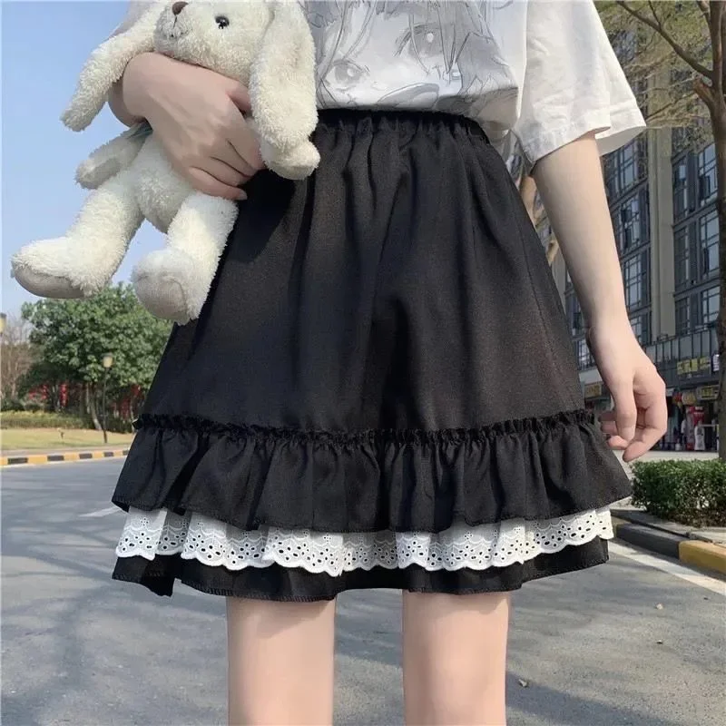 

2023 Fashion Mall Goth Gothic Lace Ruffle Mini Skirts Womens Harajuku Fairy Grunge Black Pleated Skirt Lolita Streetwear F70