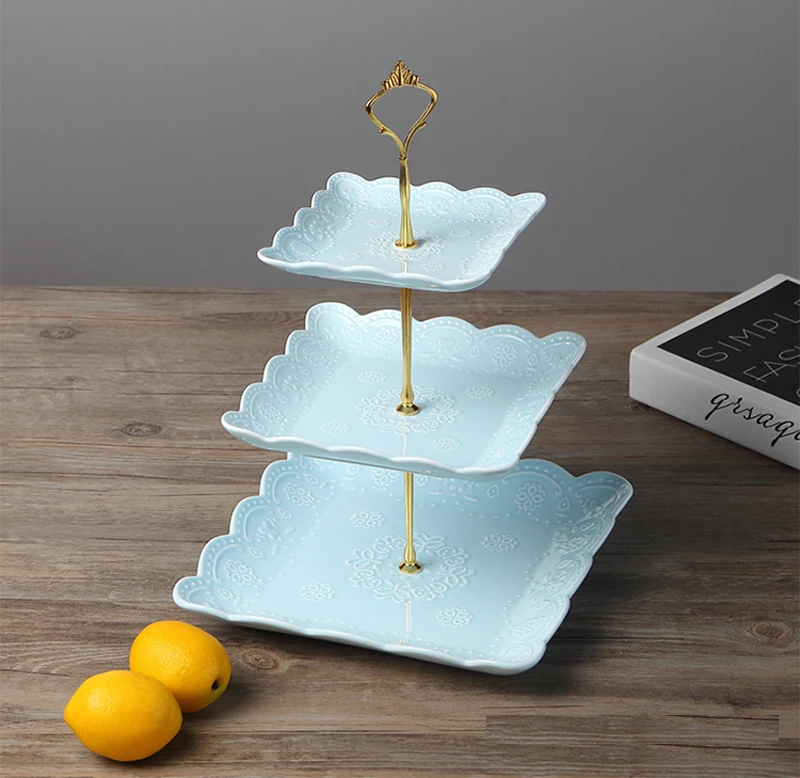 3pcs Set, Color Embossed Porcelain Cake Stand, Etagere Party Buffet, Ceramic 3 Tier Fruit Holder Decoration