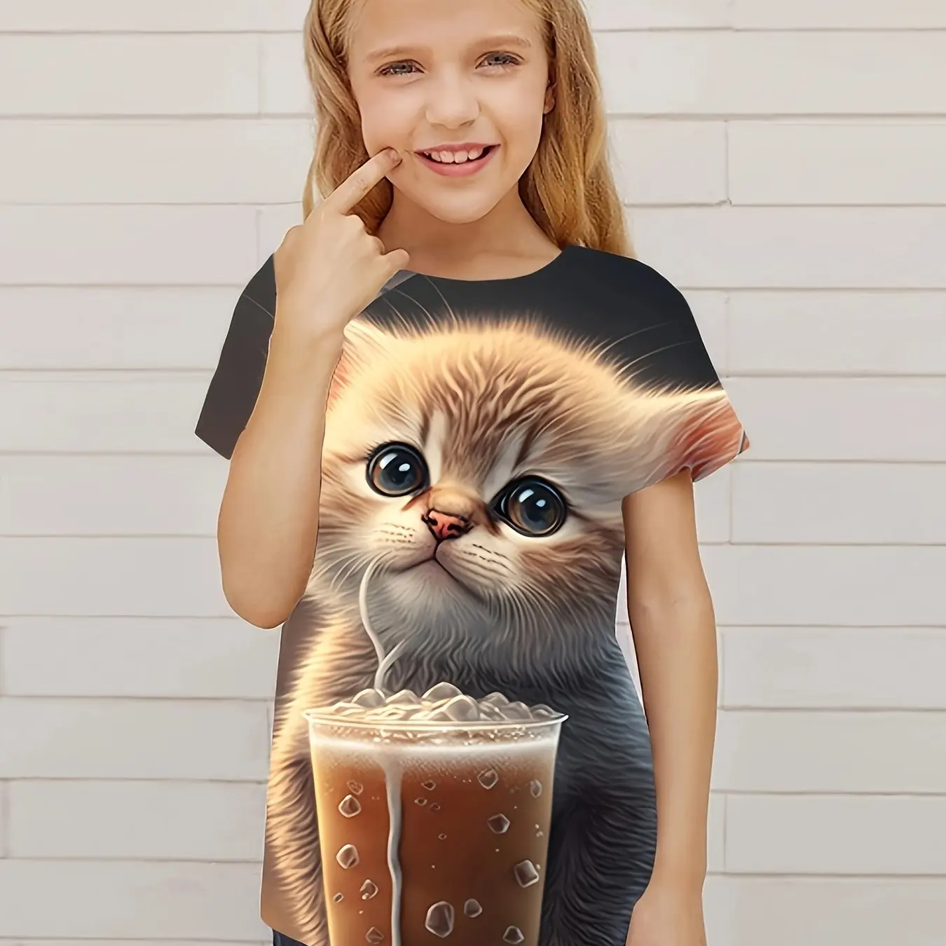 Adorable Kitten Graphic Print Kids T-Shirt Crew Neck Short Sleeve Tops Casual T-Shirt for Children Girl Summer Outdoor Sports