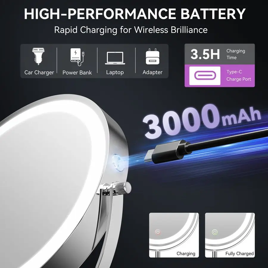 9 Large Lighted Makeup Mirror with Magnification, 1X 30X Double Sided Magnifying Mirror with Adjustable Height, Rechargeable Van