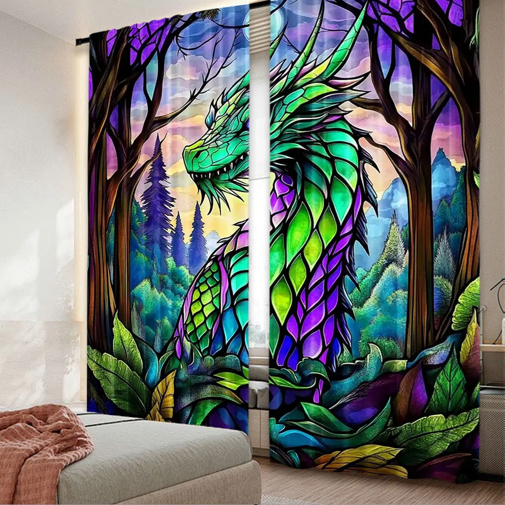 2Pcs Mysterious Forest Colorful Dragon Curtain Animal Print Curtain Suitable For Bedroom Bathroom Living Room Dining Room Study