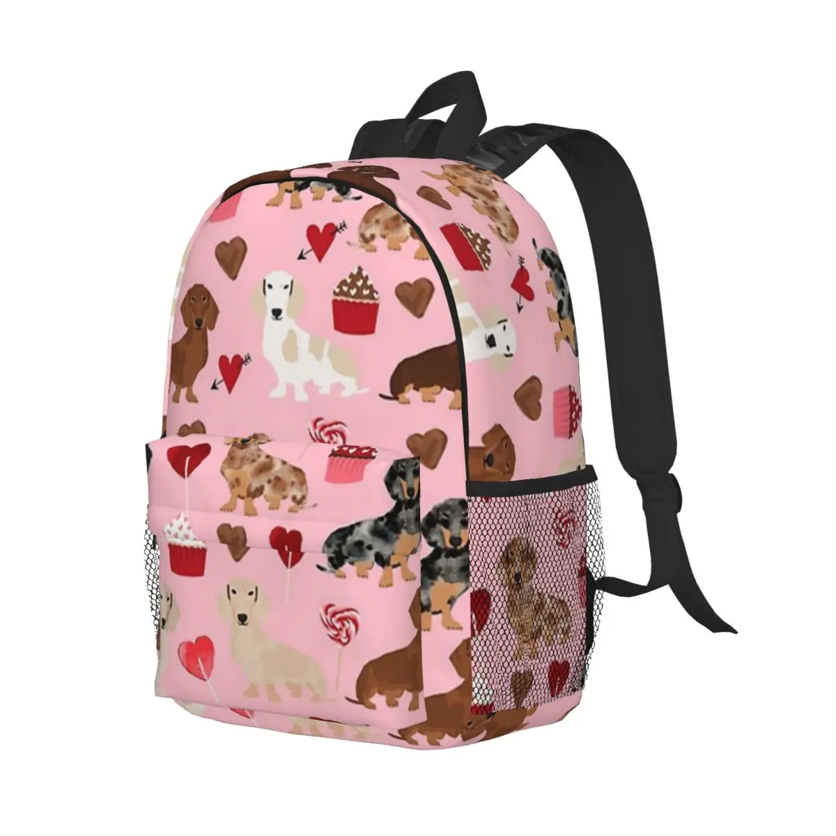 Mochila escolar informal ligera con estampado de perros salchicha, galletas, corazones, para la escuela, al aire libre, compras, oficina, 15 pulgadas