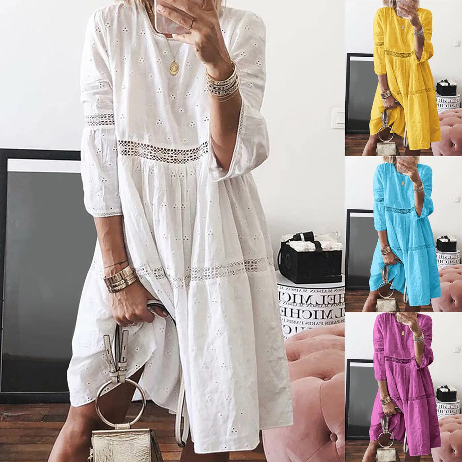 Mujer Boho otoño Vintage ahueca hacia fuera el vestido camisero bordado encaje empalme manga larga un solo pecho cintura media Vestidos mujeres