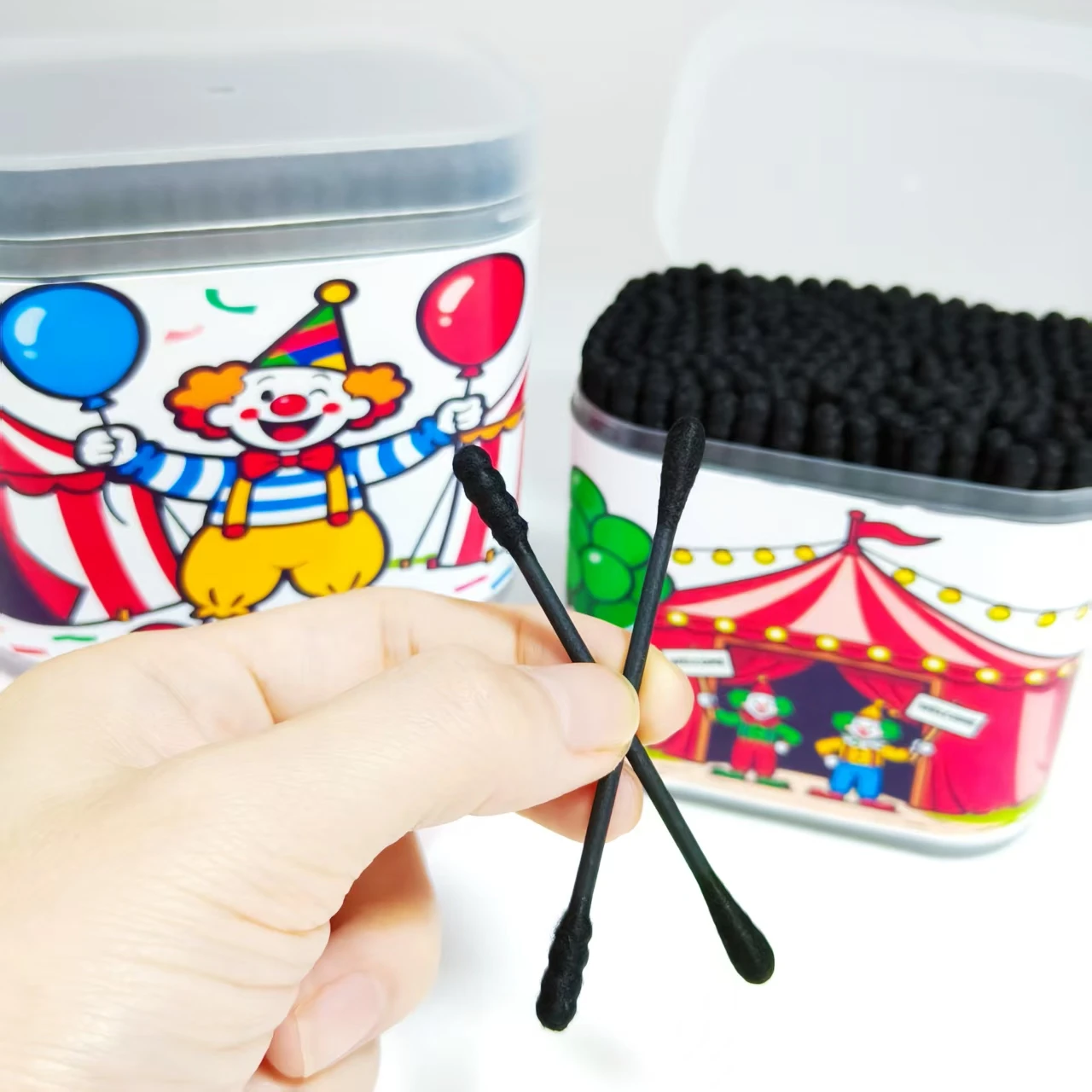 200개/400개 서커스 패턴 면봉 볼 블랙 양면 선물용 면봉