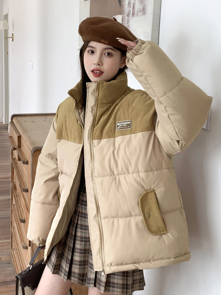 Blue ort Puffer Jaet Women's Winter Loose Fit Student Cotton Coat Thi Outerwear Korean Sle Commute Faion