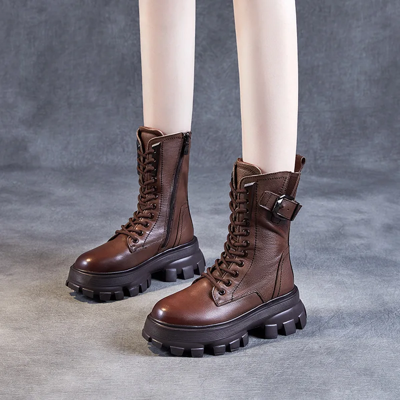 Top layer cowhide 2025 autumn and winter women's shoes casual thick soled sponge cake shoes boots long tube boots for women