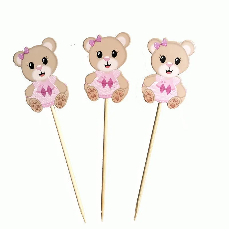 50Pcs Cartoon Teddy bear Disposable Bamboo Skewers Wooden Cocktail Picks Fruit Picks Snack Fork Skewer Wedding Party Supplies