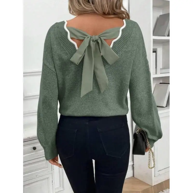 Casual Knitted Lace Sve Mouth Pure Color Stitching Women's Sweater Ci Walk  Collar Nine Points Sve Deformation Re...