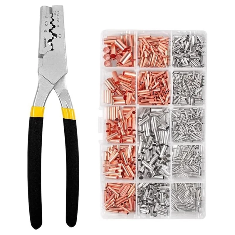 A69ECopper Connecting Pipe Wire Joint Bootlace Ferrule Terminal Cable Lug Kit 970 Pcs Heat Shrink Tubing Plier Tool