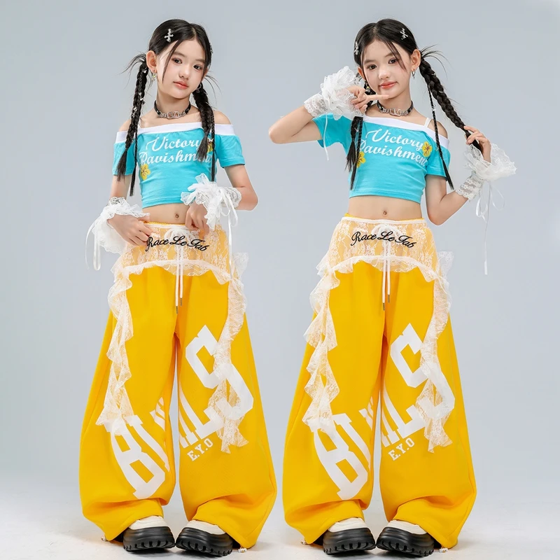 

Комплект одежды для девочек: укороченный топ в стиле K-pop, свободные джоггеры, уличный стиль, костюм для девичьей группы, детская одежда для хип-хопа, джаза и уличных танцев