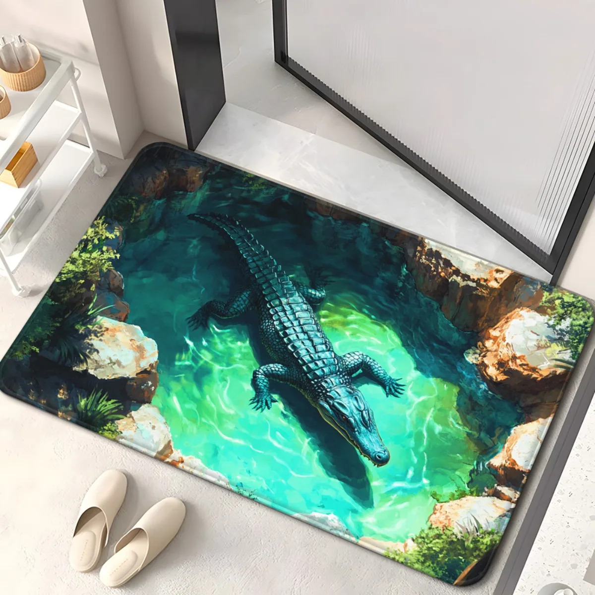 1pc Alligator in Underwater Scene HD Printed Non-Slip Door Mat - Absorbent Machine Washable Polyester Mat for Bathroom, Bedroom,
