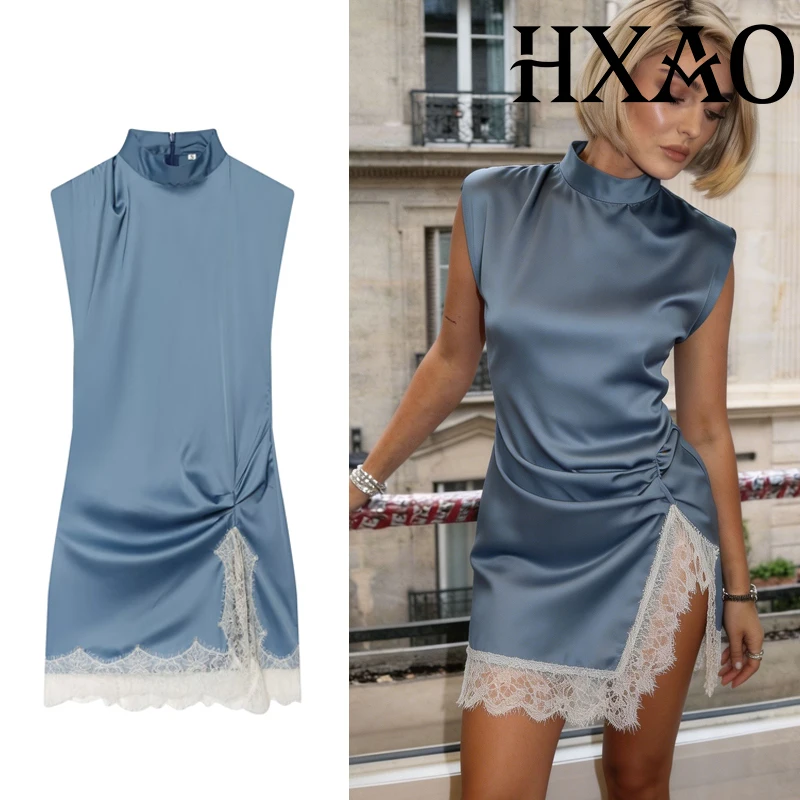 HXAO Spitzenkleid für Damen, Sommer, ärmellos, Satin, Minikleid, gerüscht, geschlitzt, elegante Partykleider, kurze Kleider für Hochzeitsgäste