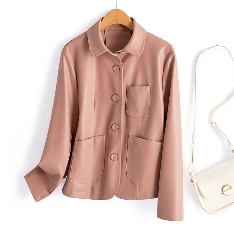 Nowe Kobiety Skóra dwoina Kurtka casualowa Wiosna Jesień Moda Jednorzędowa Prostota Luźna skórzana kurtka Kurtka motocyklowa Kobiety