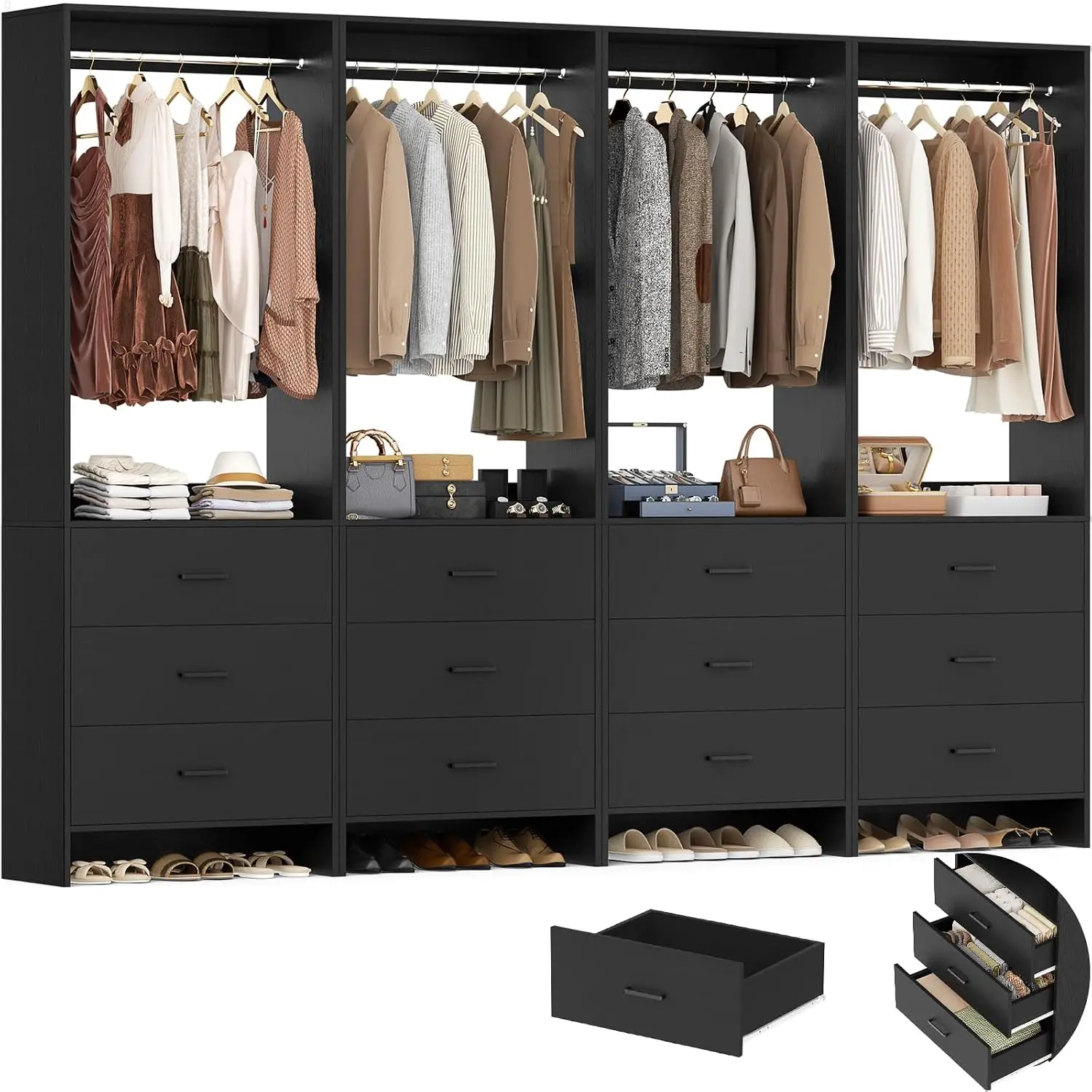 Wood Closet Organizer System with Hanging Rods for Walk-in & Small Closets, 8FT Wardrobe Clothes Rack Set of 4, Customized