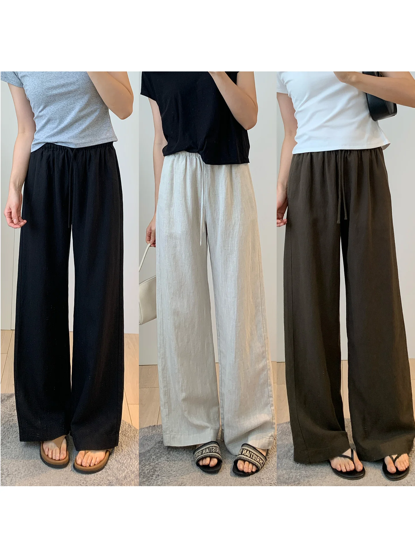 

Брюки с высокой талией и широкими штанинами, повседневные, с льняной текстурой, дышащие, стройнящие, прямого кроя, свободные, струящиеся, летние, длинные