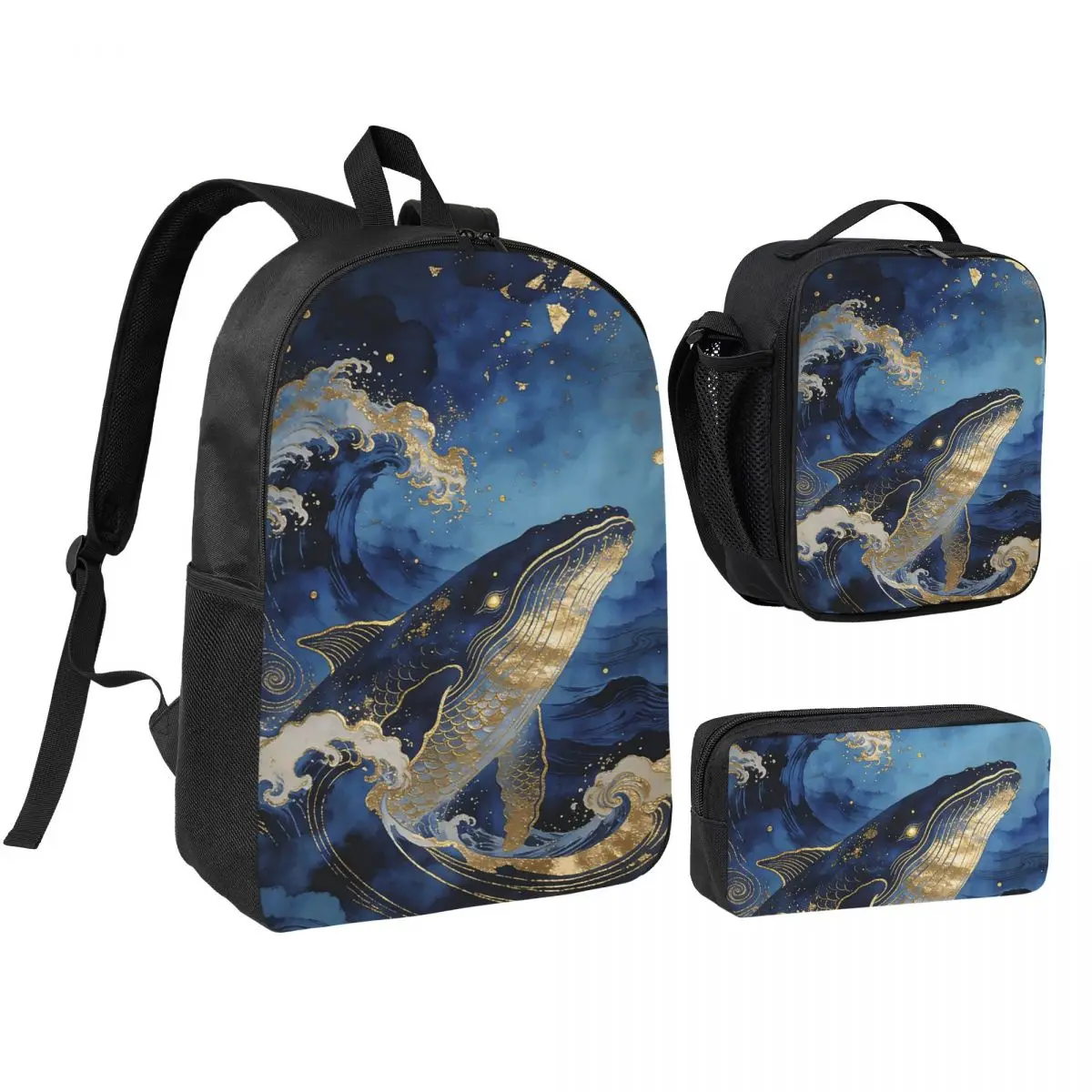 Deep Sea Luminous Starry Sky And Whale Backpack Boys Girls BookBag School Bag Shoulder Bags 3ps Insulated Lunch Bag Pencil Case
