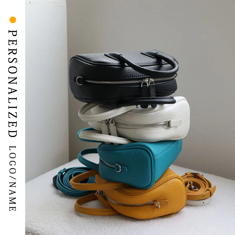 Support Free Personalized Custom First-layer Cowhide Bowling Bag Women's Bag Handbag Crossbody Bag Boston Bag Genuine Leather