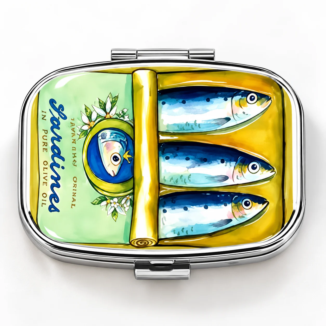 Sardine Print Medicine Case Portable 2 Grid Metal Pill Box Travel Tablet Organizer Pocket Pill Storage Container Compact Box