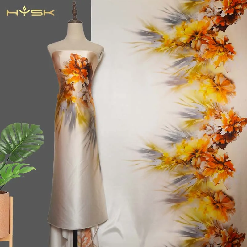 HYSK 100% silk satin fabric charmeuse printed New high-end printing silk Soft cheongsam Chinoiserie dress Tang clothing E3207