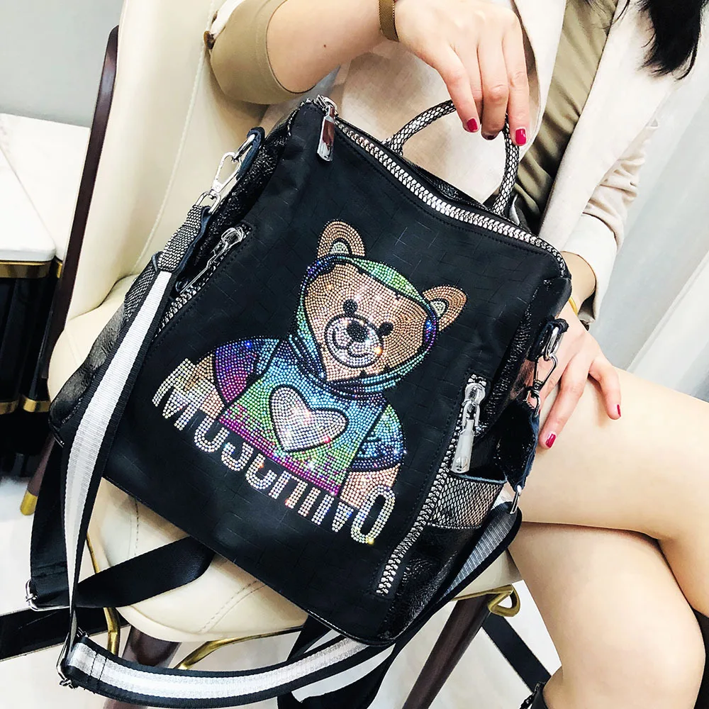 Mochila de lujo con diamantes de colores para mujer, de gran capacidad bolso de hombro, bonito oso, novedad de 2024