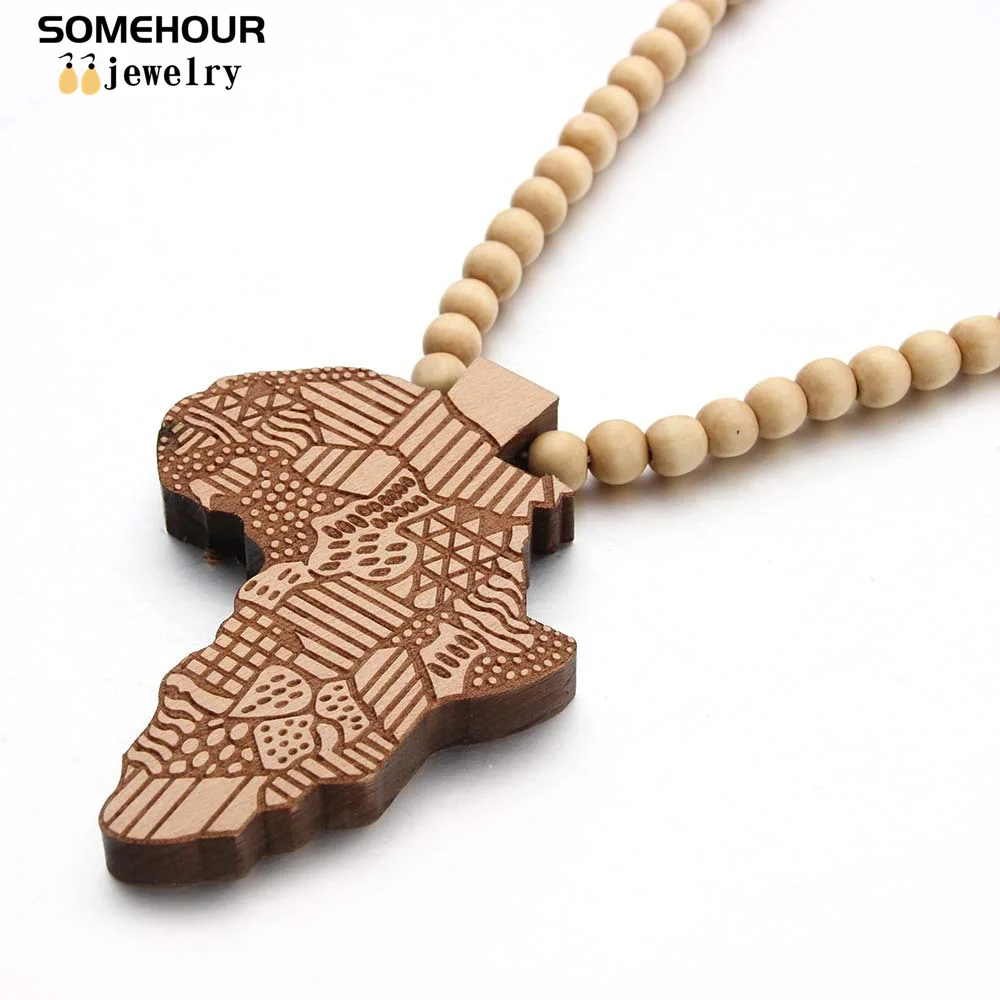 SOMEHOUR Fashion Africa Map Necklace For Men And Women Engraved Wooden Pendant Beads String Chians Charms Dangle Hiphop Jewelry