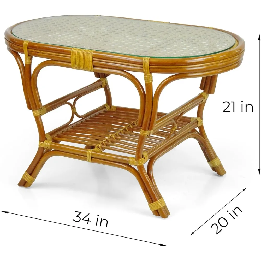 Pelangi Coffee Oval Table with Glass Top Natural Rattan Wicker ECO Handmade Design, Cognac