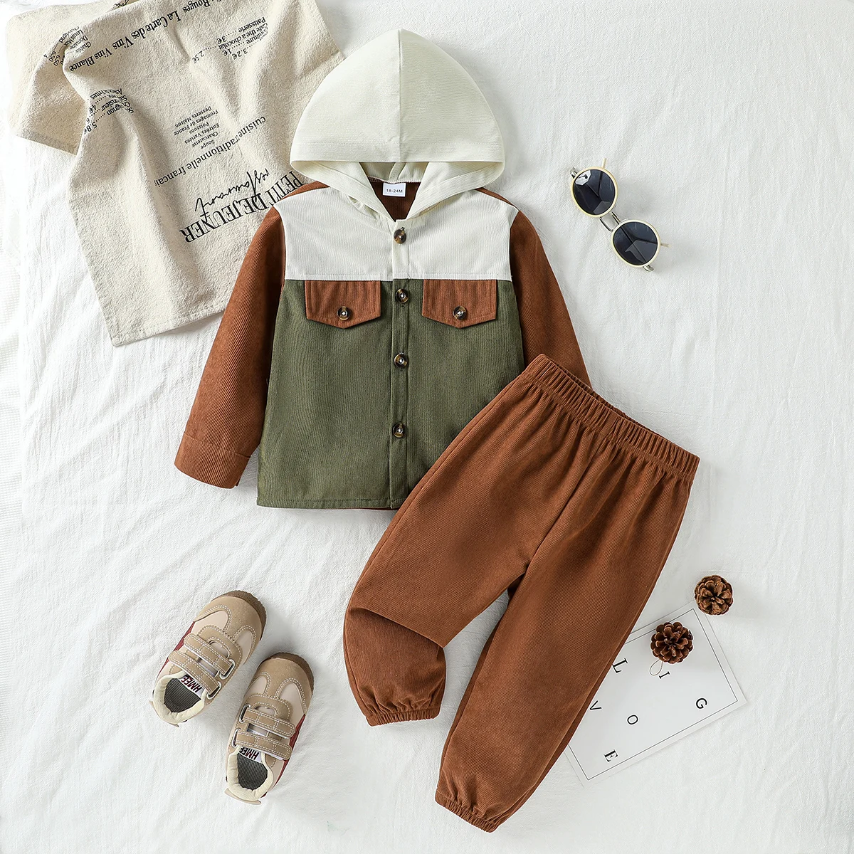 

2Pcs infant Baby Boy Autumn Contrast Color Long Sleeve Button-up Hoodie Sweatshirt & Trousers Outfits Set For 0-1Y Clothes