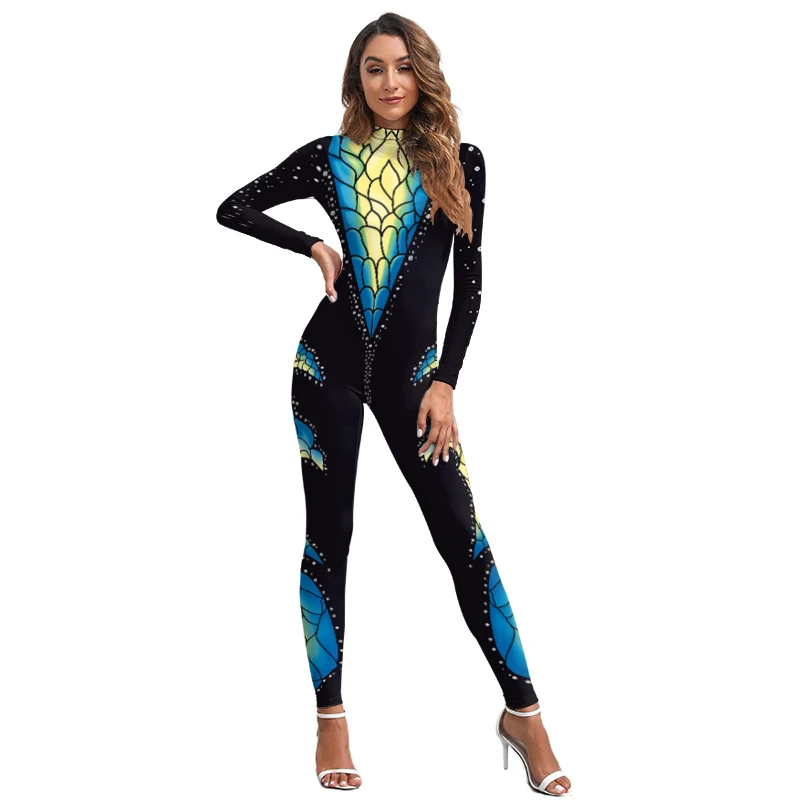 Zawaland Women Zentai Halloween Cosplay 3D Printed Carnival Long Sleeve Catsuit Jumpsuit Adult Costumes Female Bodysuit