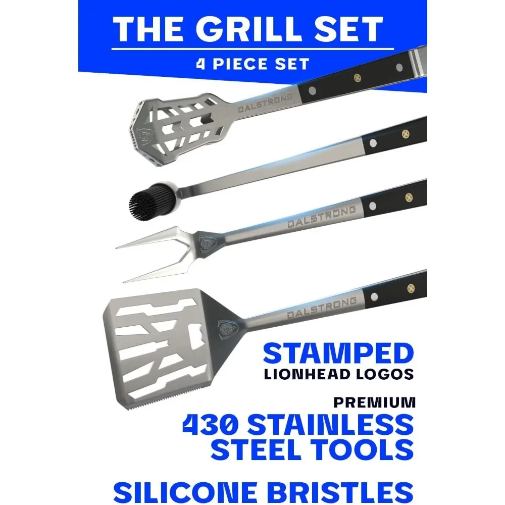 4-Piece Professional BBQ Pitmaster Grill Set - Premium High-Carbon Stainless Steel Grilling Accessories - 18 inch Length