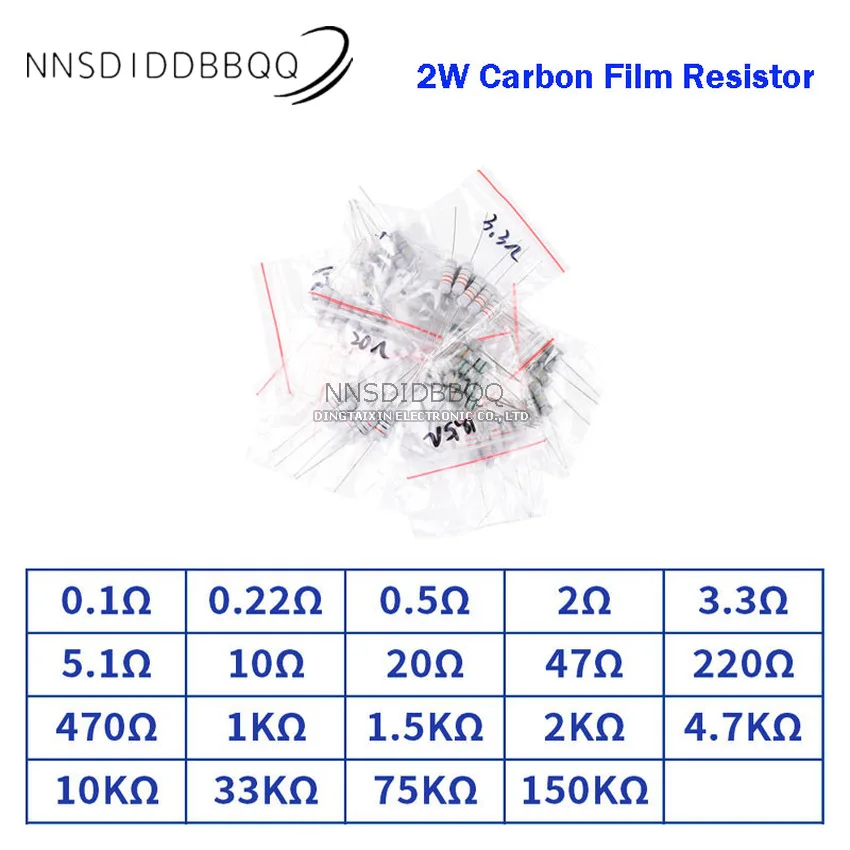 2W DIP ตัวต้านทานฟิล์มคาร์บอนชุดตัวอย่างแพคเกจ1K-820K ทั่วไป30ค่า5PCS แต่ละค่าความถูกต้อง5%