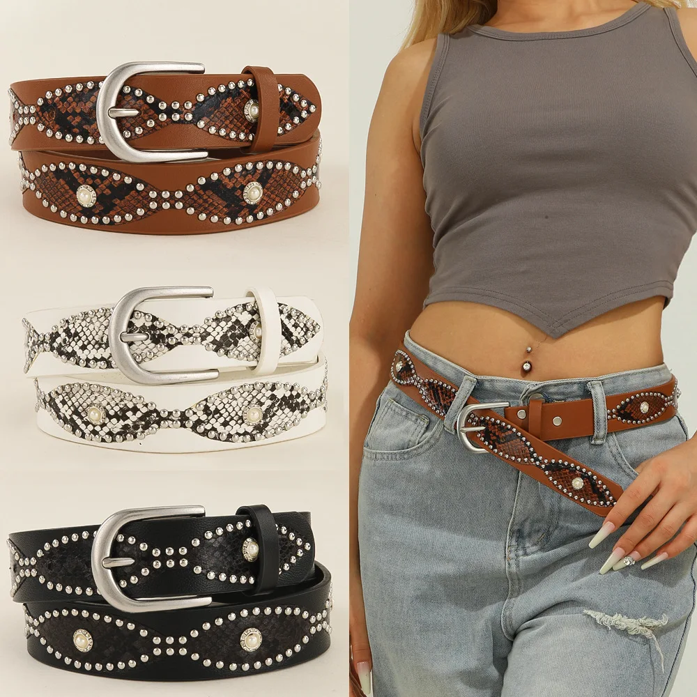 Women American Retro Punk PU Belt Snake Print Rivet Pearl Rhinestone Decor Y2K Jeans Trendy Waistband Fashion Accessory Gift